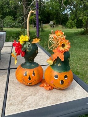 Hand-Painted Whimsical Jack-O-Lanterns Fall Season Birdhouse/Bottle Gourds Lot 2
